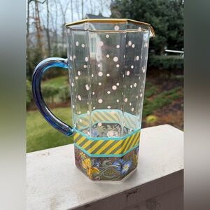 Mackenzie Childs Garland Pink Polka Circus Pattern Glass Pitcher 8 inches
